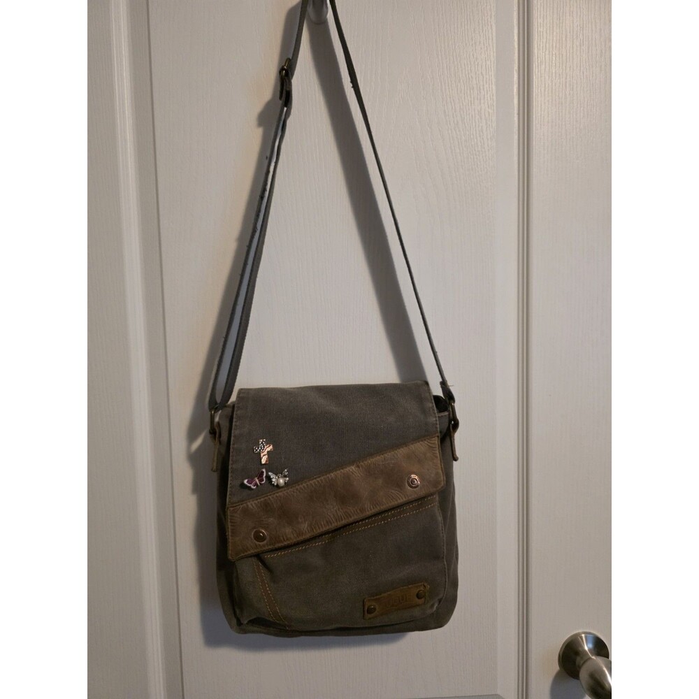 AUGUR Gray Brown Messenger Bag with Leather Trim, Pins & Flap